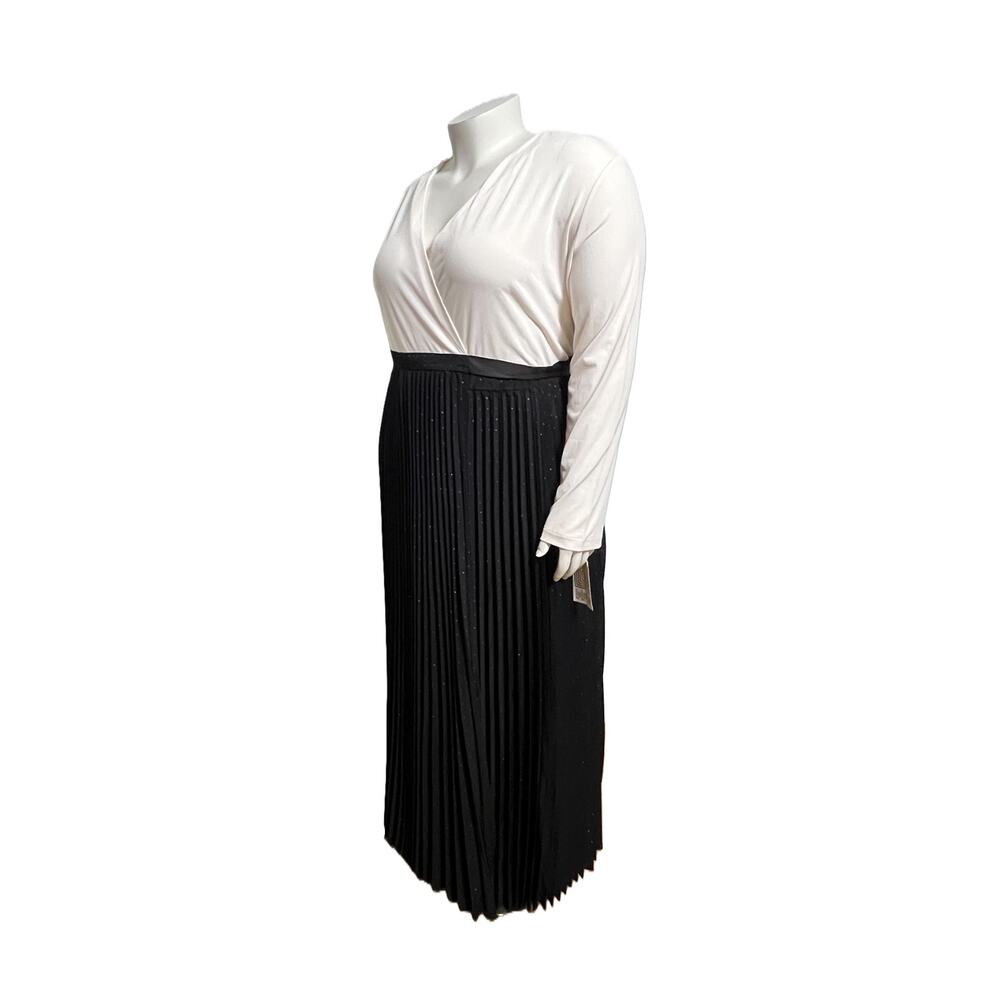 Elegant Pleat Metallic Shimmer Wrap Maxi Dress Gown, Cream Black Long Sleeve 3XL